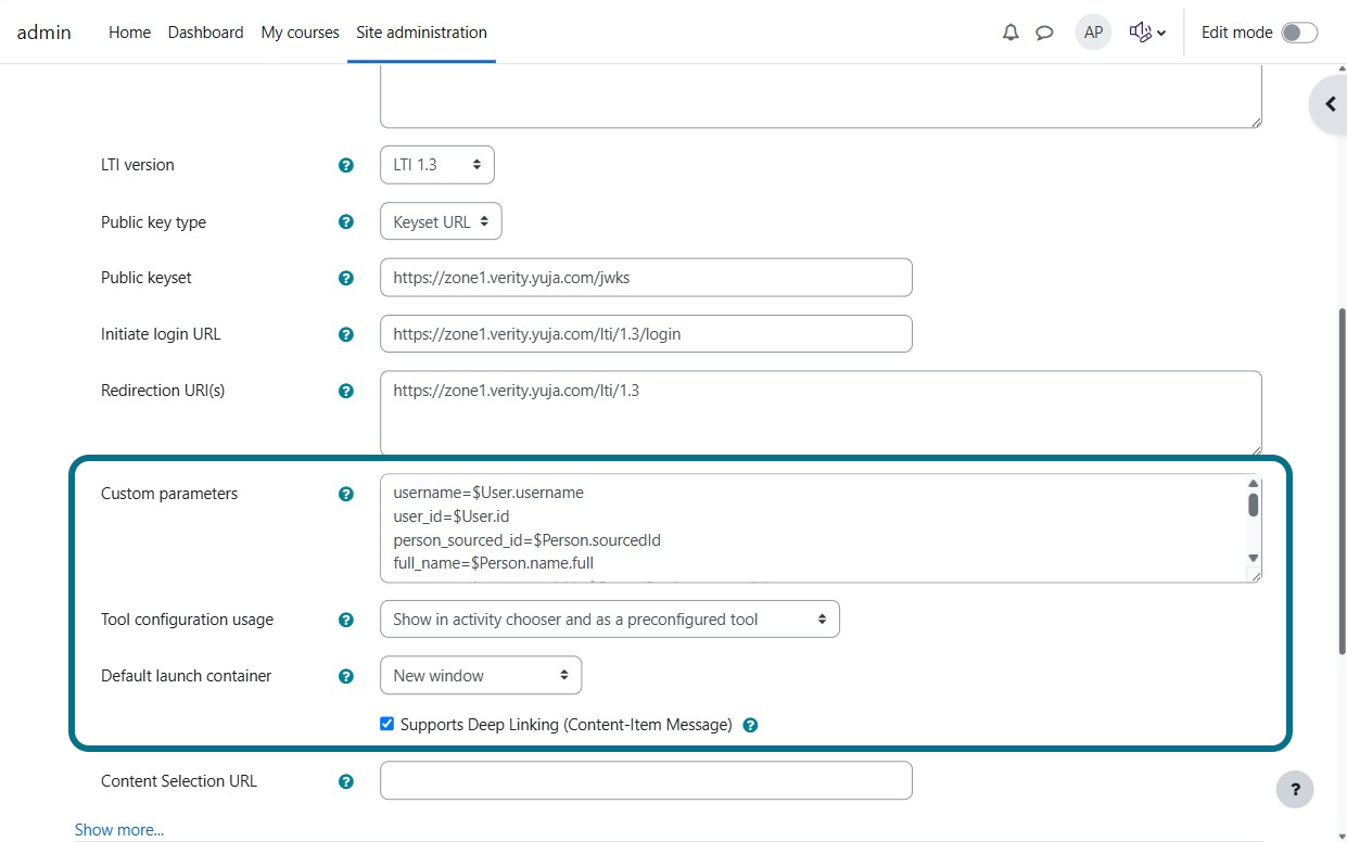 The Custom parameters fields and other required fields are filled.