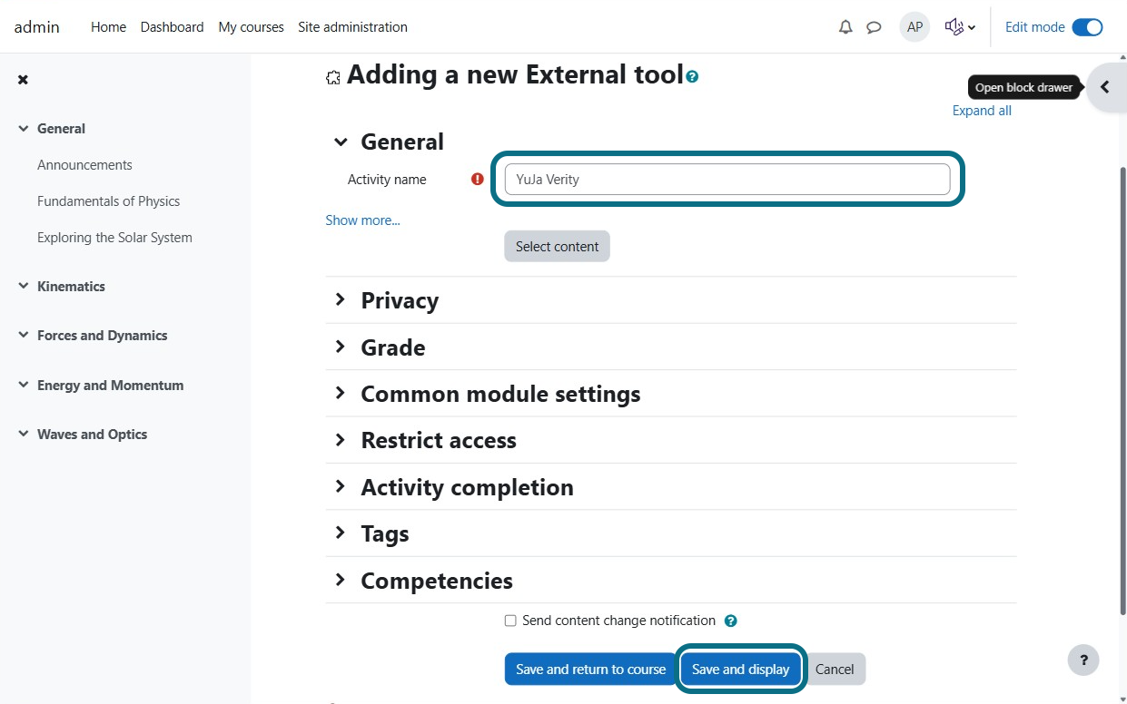The Activity name field is filled and the save and display button is highlighted.