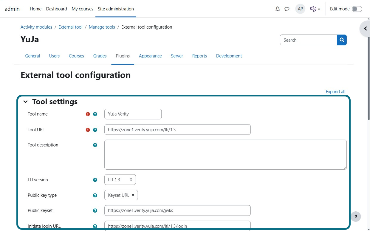 The tool settings section under the External tool configuration menu.