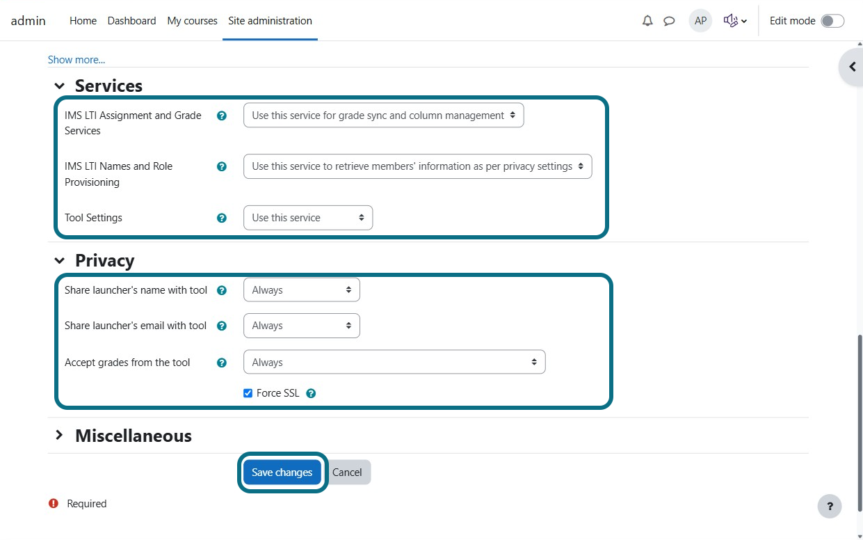 The Services and Privacy section, as well as the Save changes button are highlighted.