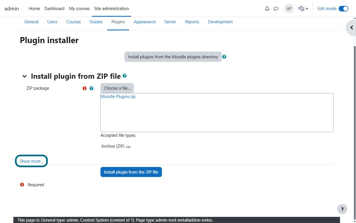 Show more... button is highlighted in the plugin installer page.