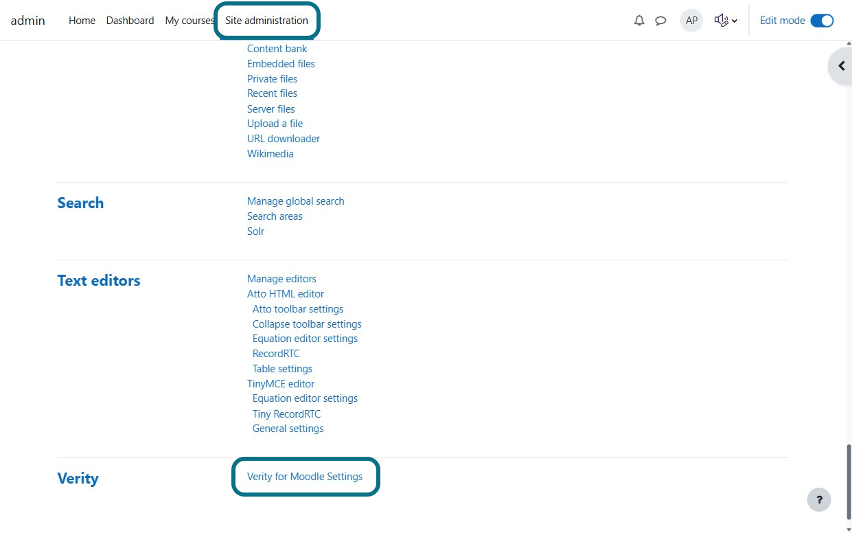 The verity for moodle settings option is under the plugins tab.