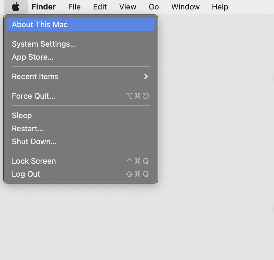An image showing the navigation to the About This Mac window.