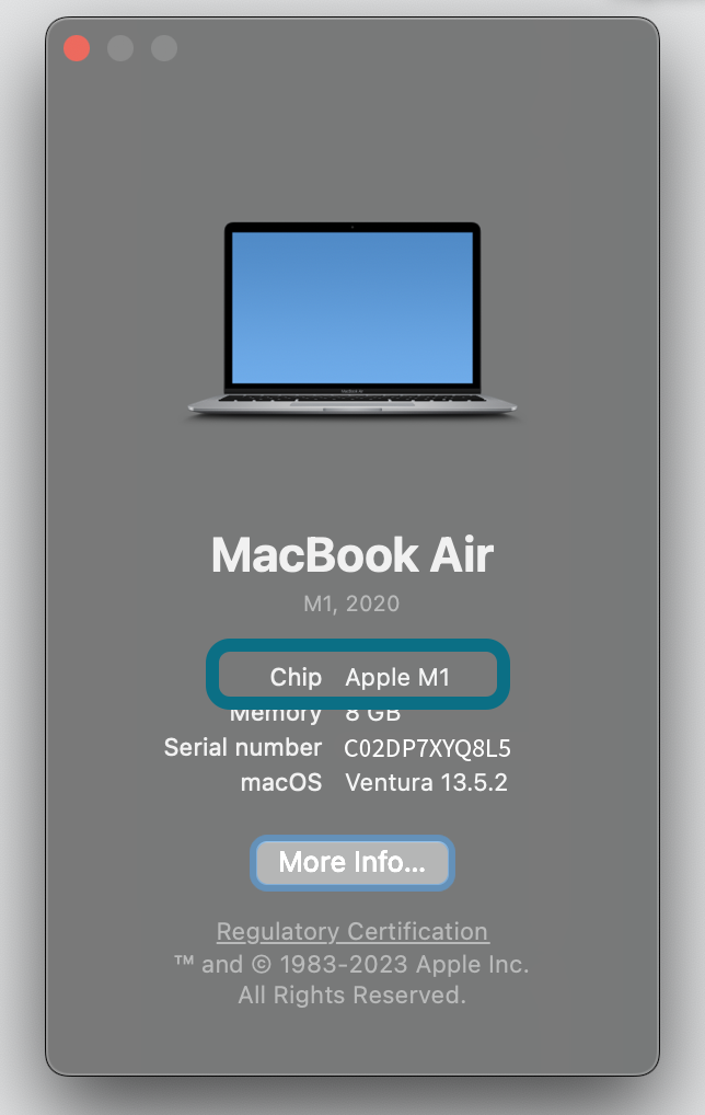An image showing the location of Chip or Intel in the About This Mac window.