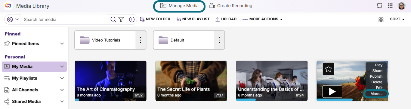 Lumina Manage media with manage media and more buttons circled