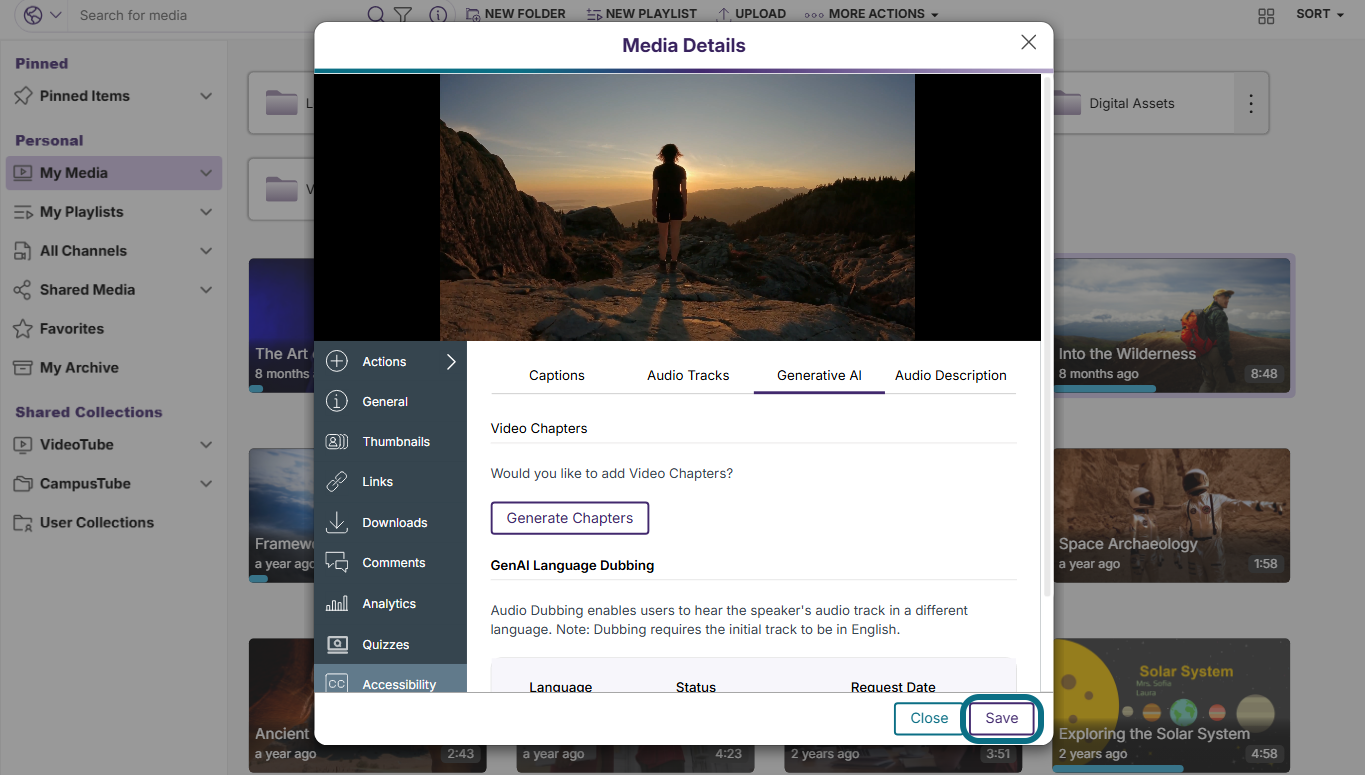 Lumina media details modal with save button circled