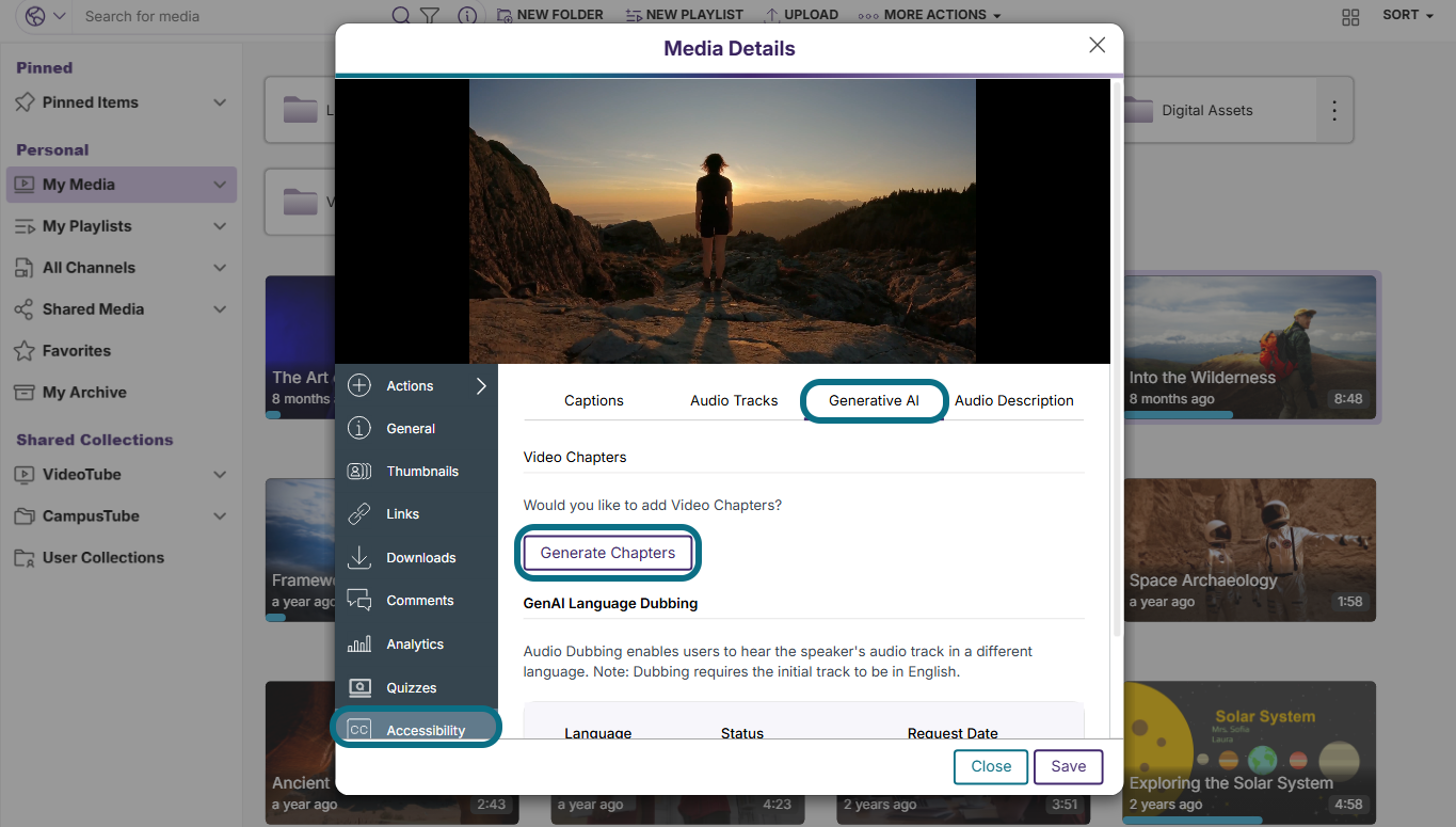 Lumina media details modal with accessibility tab, generative AI tab and generate chapters button circled