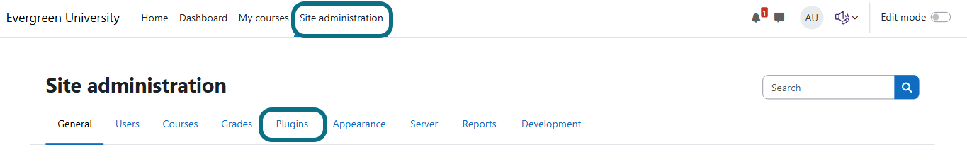 Moodle with site administration tab and plugin tab circled