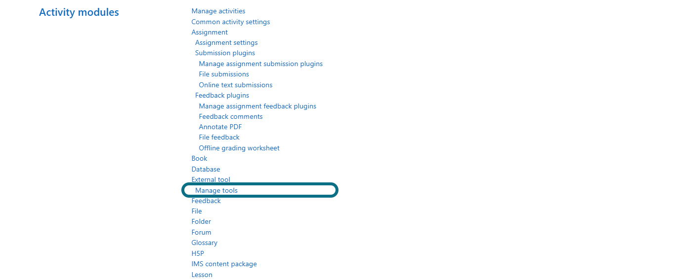 Moodle activity modules with manage tools circled