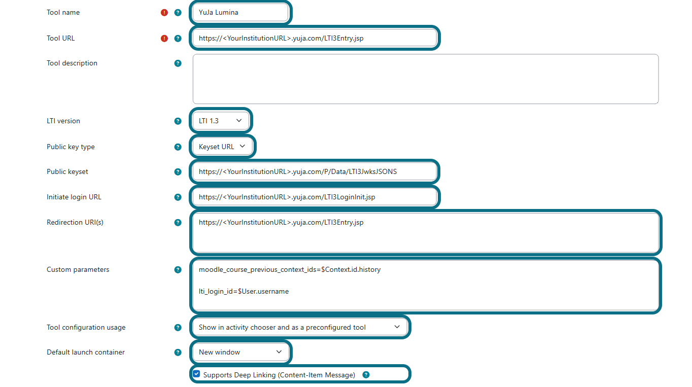 Moodle configure a tool manually with tool fields circled