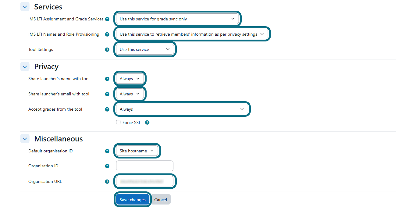 Moodle configure a tool manually with service, privacy, and miscellaneous fields, and save changes button circled