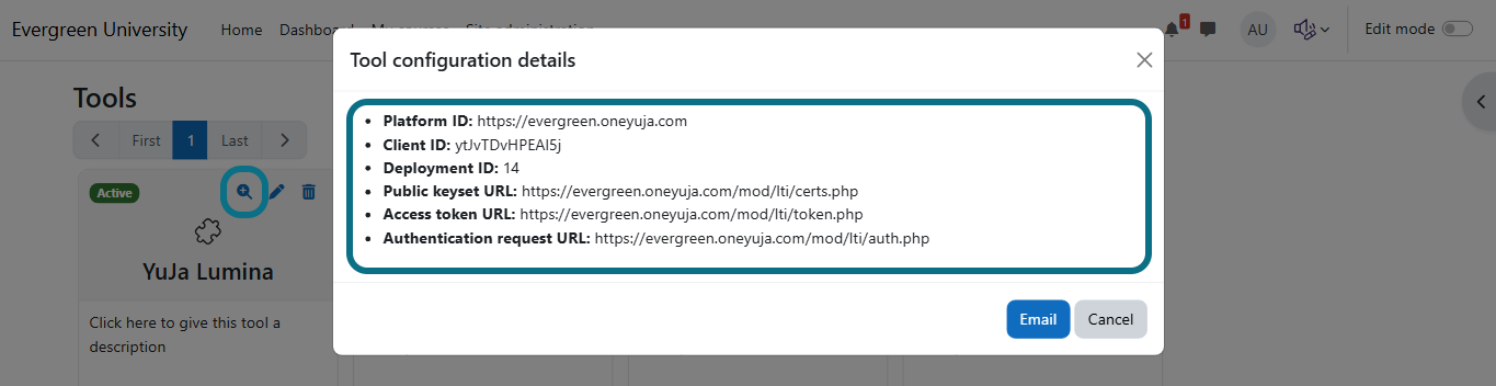 Moodle tool configuration details modal with view configuration details button and the details circled