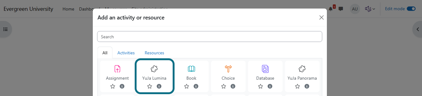 Moodle add an activity or resource modal with YuJa Lumina circled