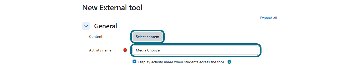 Moodle new external tool page with select content button and activity name button circled