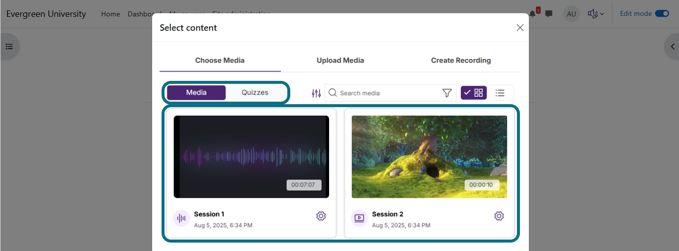 Moodle select content modal with media and quizzes tab and media options circled