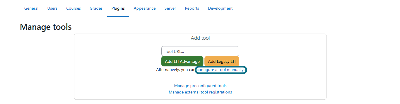 Moodle plugins with configure a tool manually circled