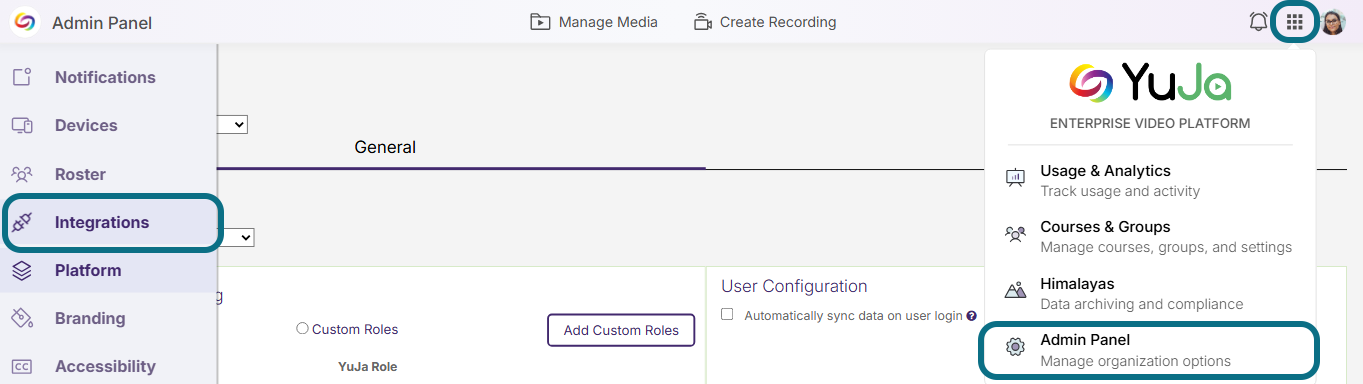 Lumina integrations with main menu button, admin panel button, integrations button circled