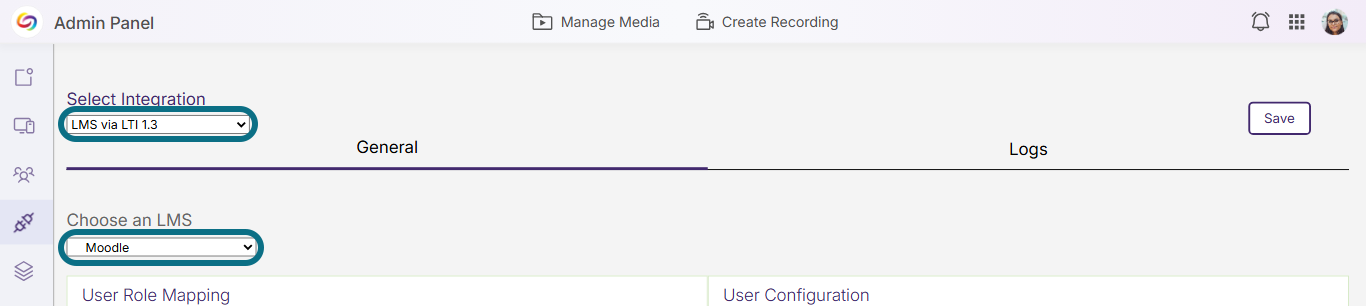 Lumina integrations with select integration and choose an LMS drop-down menus circled
