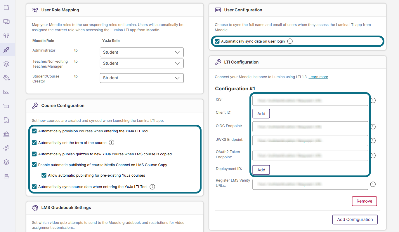 Lumina moodle 1.3 LTI integration with user configuration fields, course configuration fields and LTI configuration fields circled