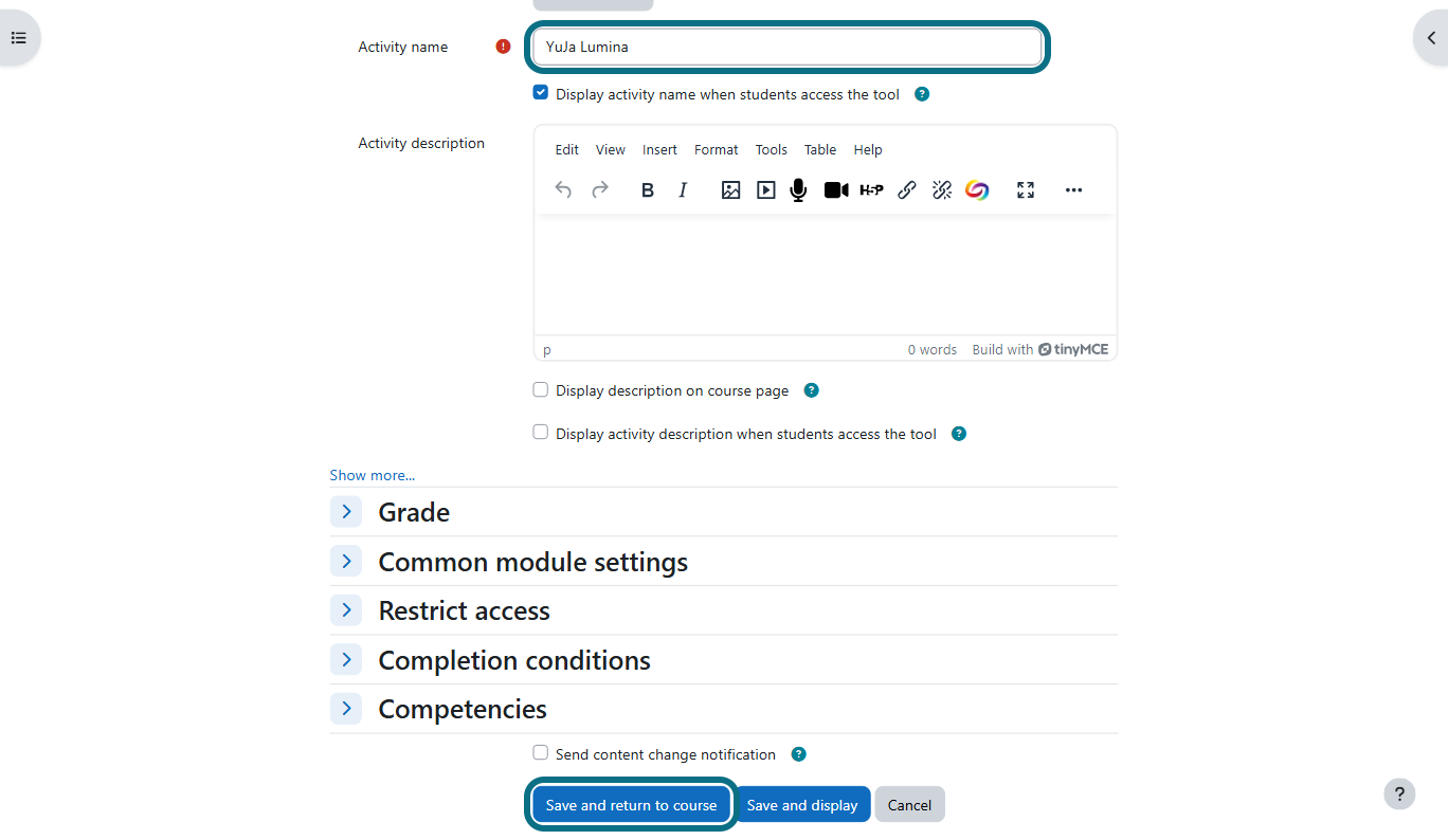 Moodle configure a tool manually with activity name field and save and return to course button circled
