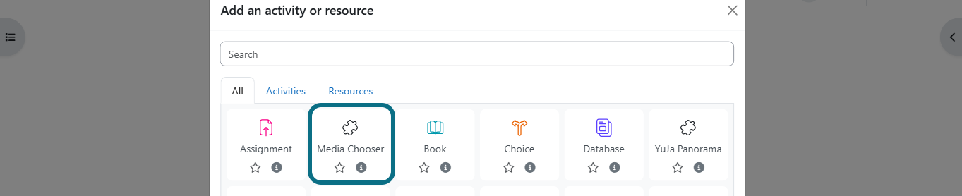 Moodle add an activity or resource modal with Media Chooser circled