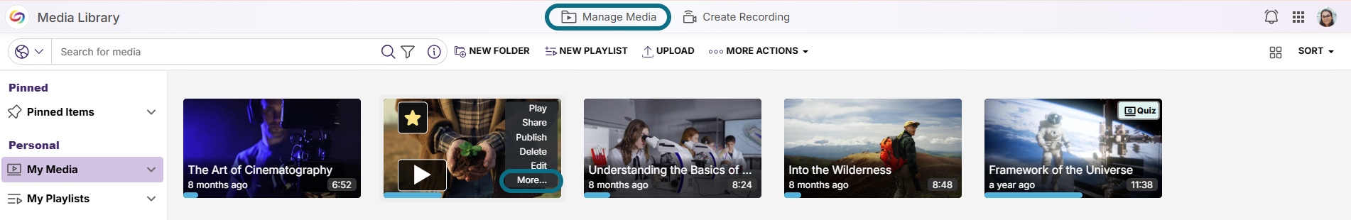 Lumina with manage media and more buttons circled