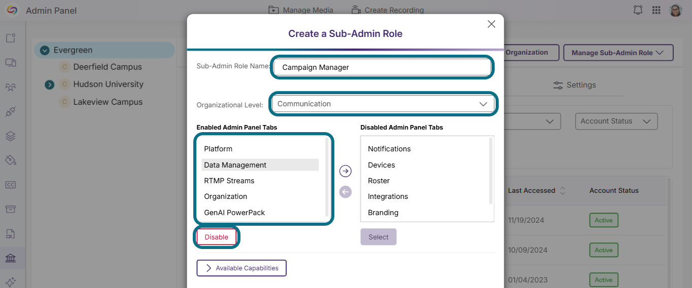 Lumina create a sub-admin role modal with name field, organization level field, tabs and disable button circled