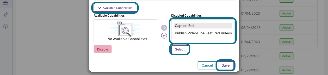 Lumina create a sub-admin role modal with available capabilities, features, select button and save button circled