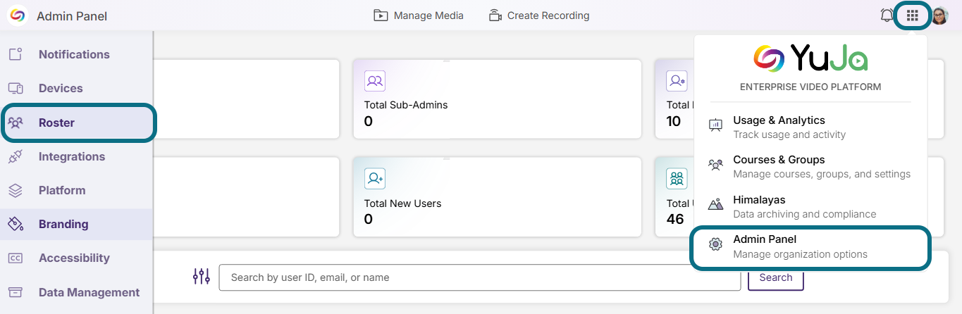 Lumina with main button, admin panel button, and roster tab button circled