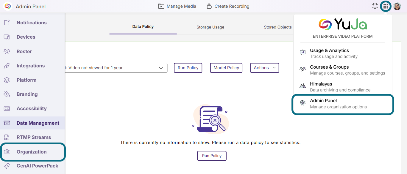 Lumina with main menu button, admin panel button and organization tab button circled