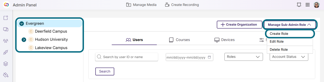 Lumina organization page with organization section, manage sub-admin role button and create role button circled
