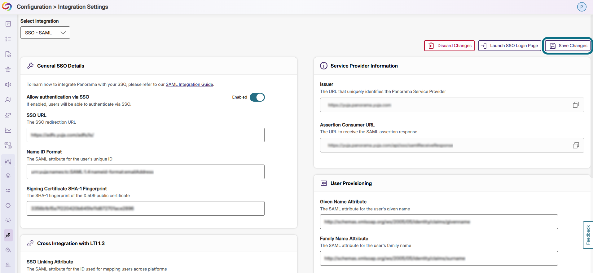 SSO - SAML integration with Save Changes circled