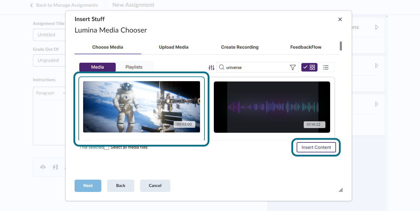 Selecting a video in the Media Chooser and clicking Insert Content
