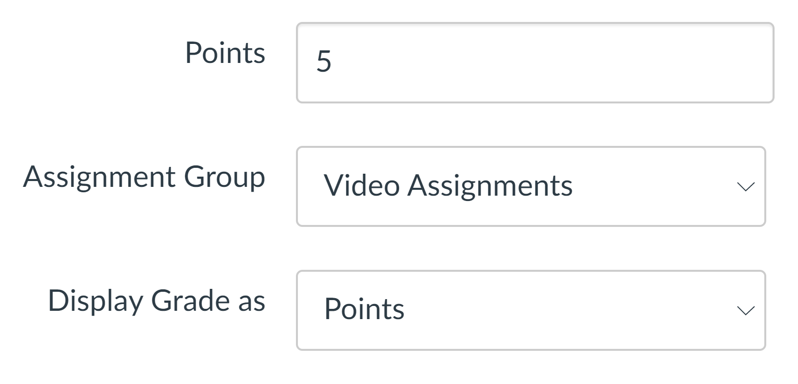 Points are set to five. Assignment group is set to video assignment, and displayed grade as is set to points.