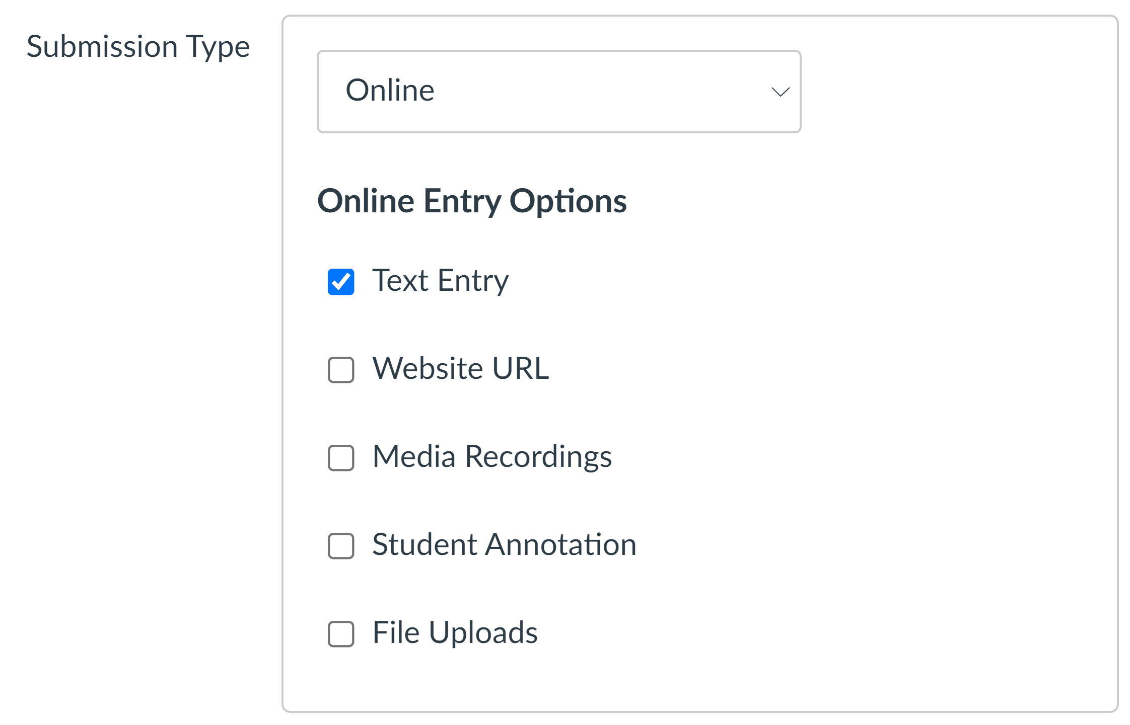 Submission type featrues Online and Text Entry as selected.