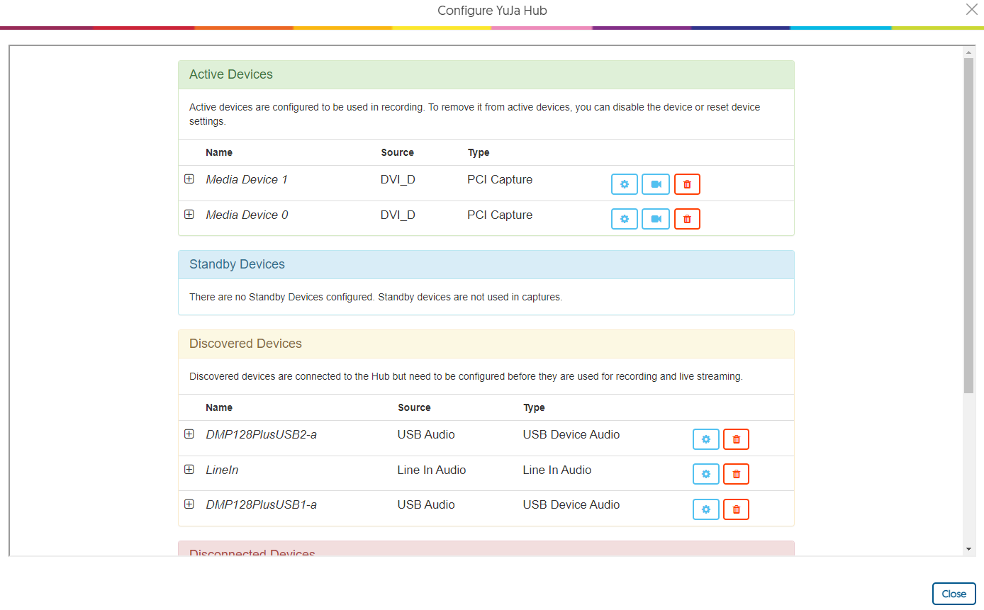 the configure YuJa Hub is panel is shown showing a list of Active Devices, Standby Devices, and Discovered Devices