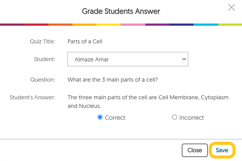 The Save button is highlighted in the Grade Students Answer dialog.