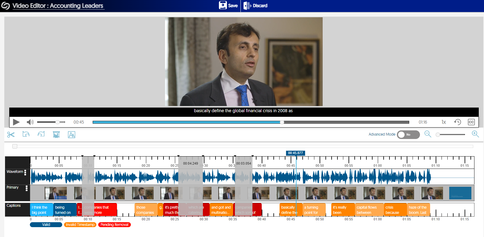 The Video Editor displaying audio, visuals and captions tracks for a video.