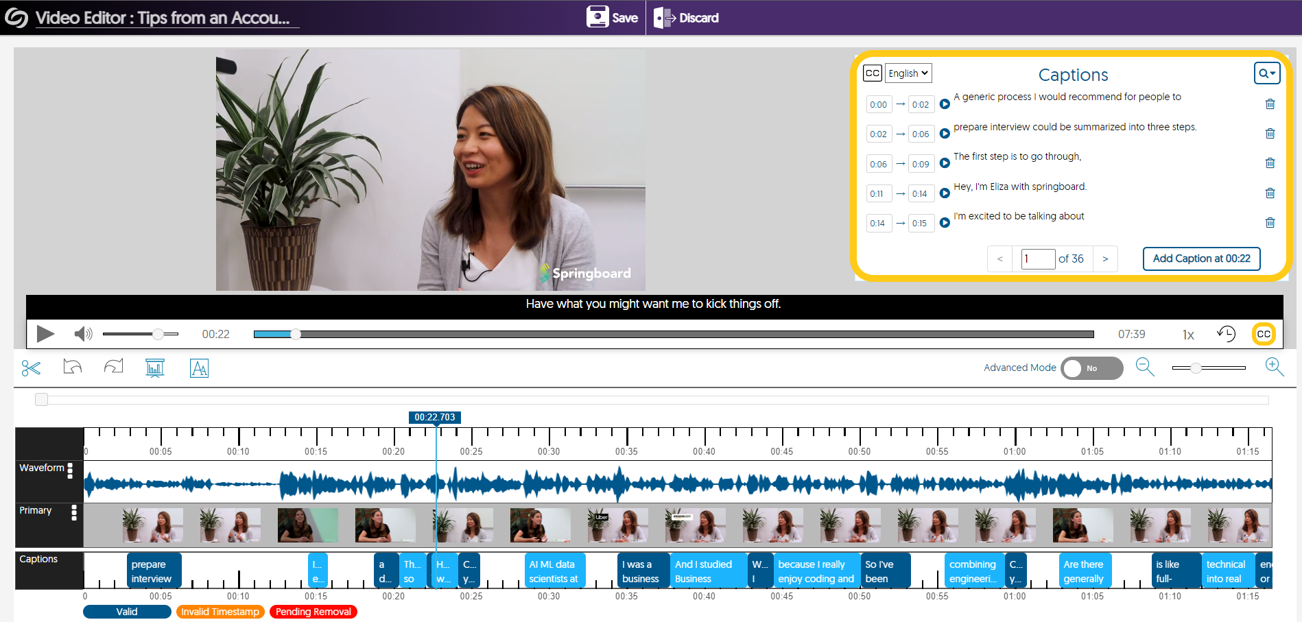 A display of the Video Editor with the caption edit panel highlighted.