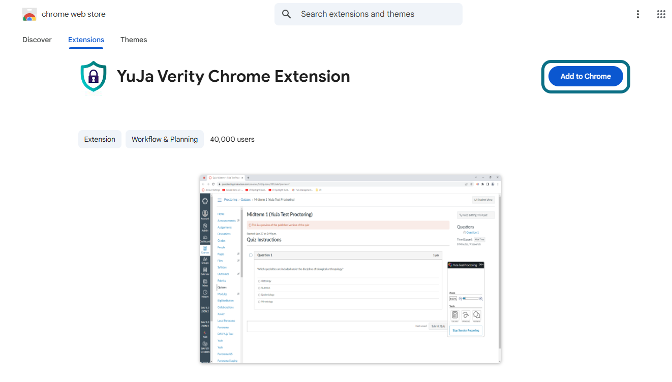 YuJa Verity Chrome Extension dans le Chrome Web Store.