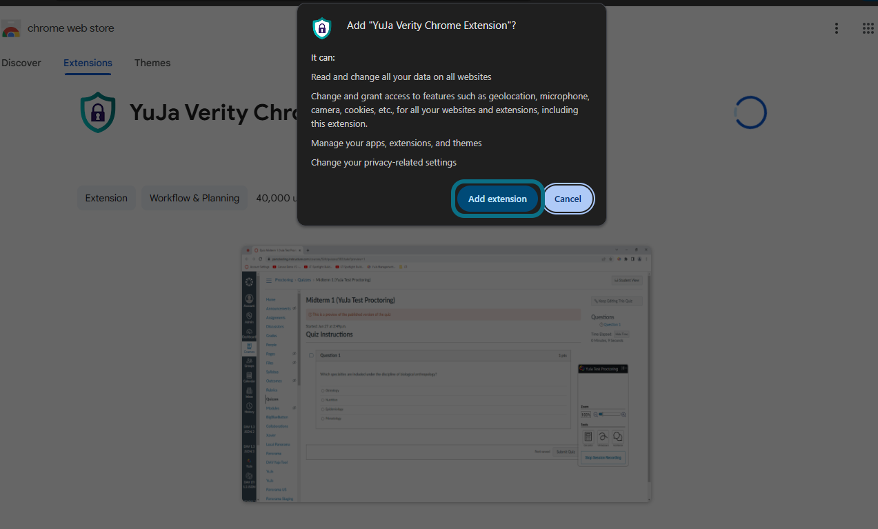 Ajout de l'extension Chrome Verity.