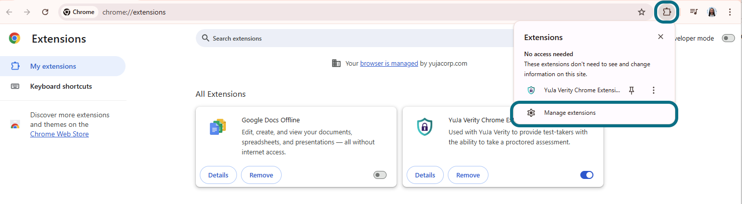 Page des paramètres de Chrome avec les boutons Extensions et Gérer les extensions encerclés