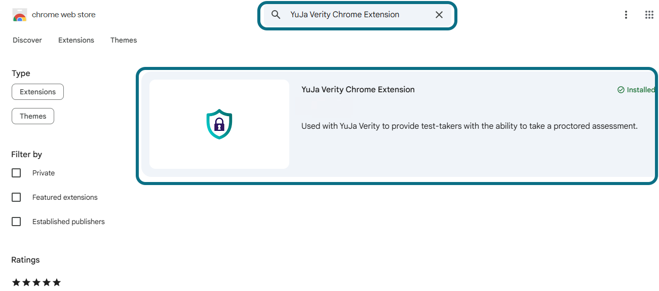 Recherche de YuJa Verity Chrome Extension dans la barre de recherche du Chrome Web Store.