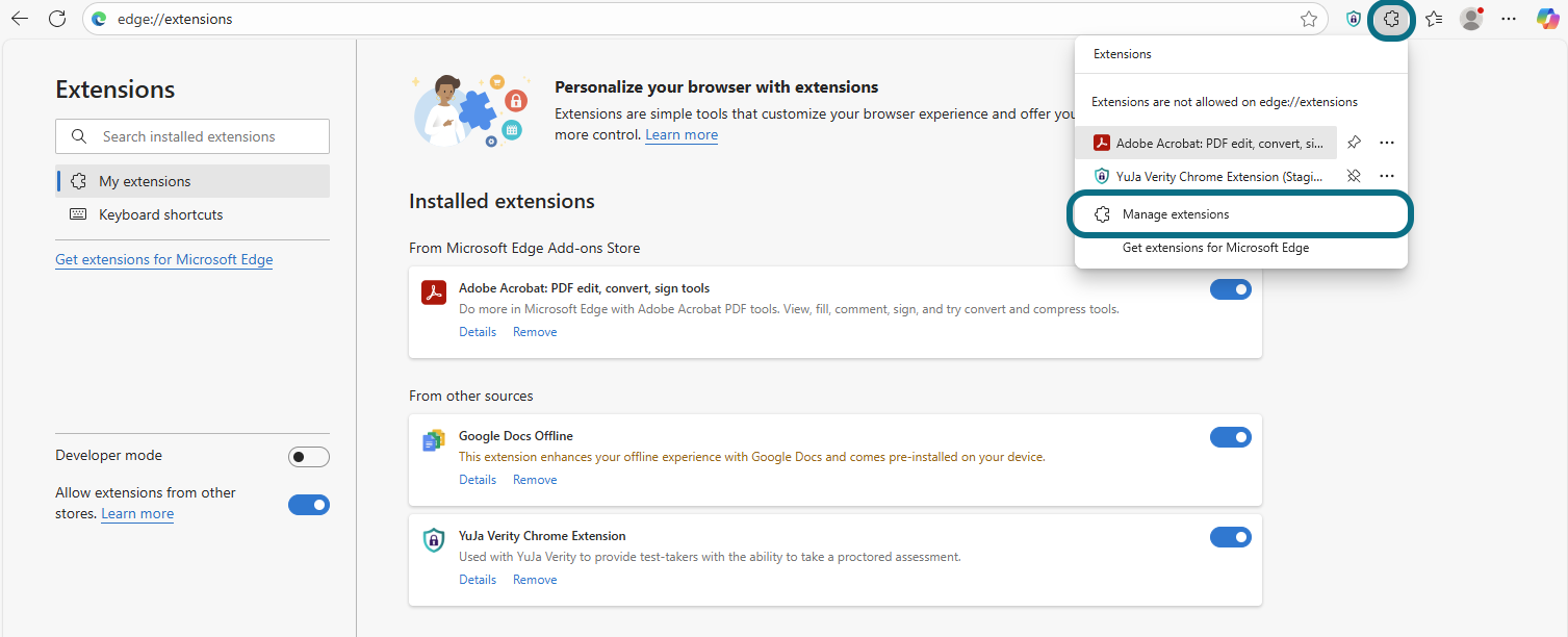 Microsoft Edge avec les boutons Extensions et Gérer les extensions encerclés