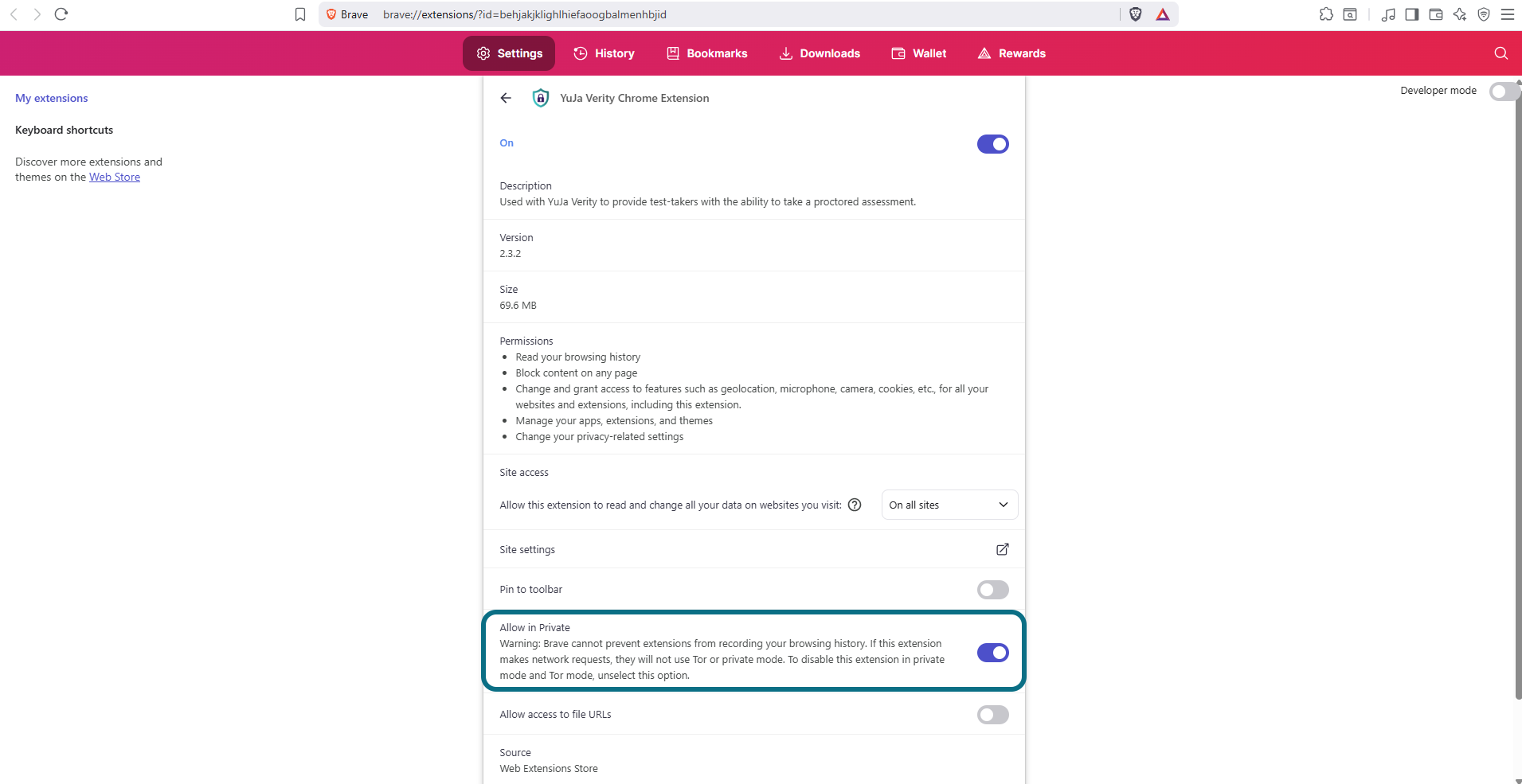 Autorisation du mode privé dans Brave