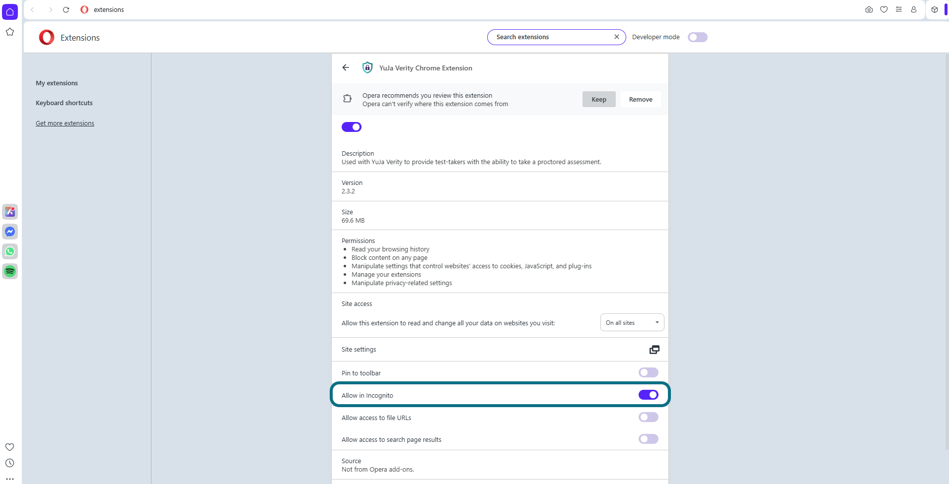 Autorisation du mode navigation privée dans le navigateur Opera
