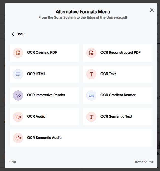 Différents types de formats OCR après avoir cliqué sur le bouton OCR.
