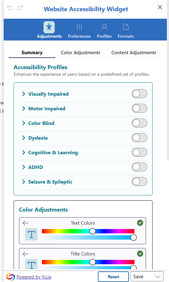 Le widget d'accessibilité du site web s'ouvre.