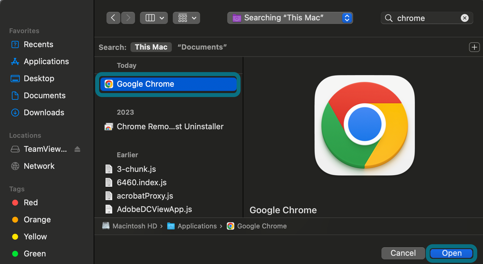 Image mettant en évidence la sélection de Google Chrome et le bouton Ouvrir.