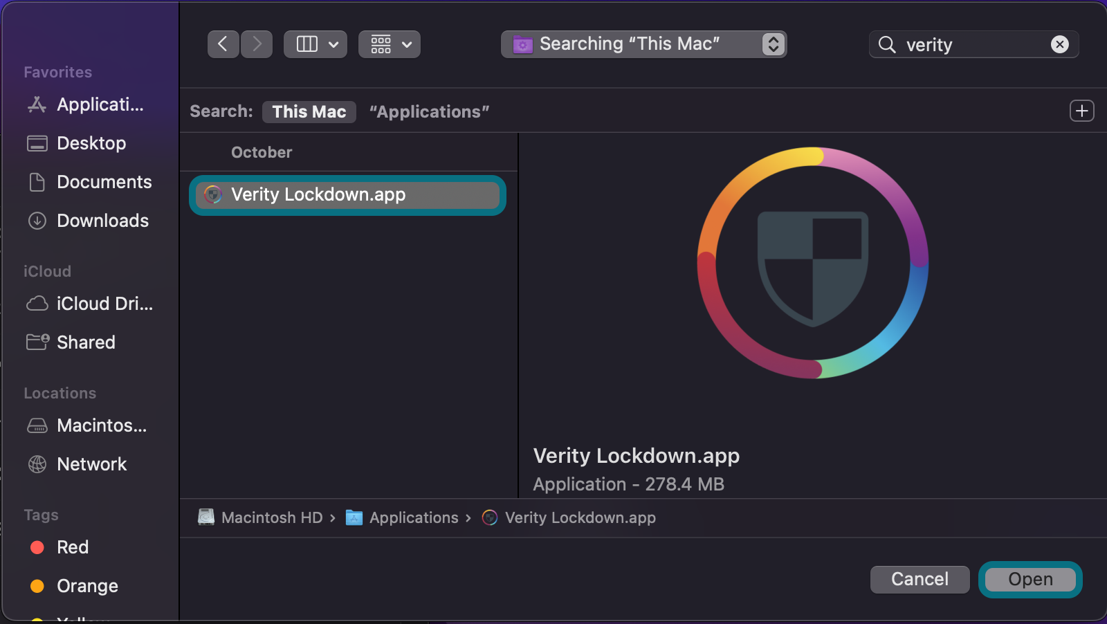 Image mettant en évidence la sélection de l'application Verity Lockdown et le bouton Ouvrir.